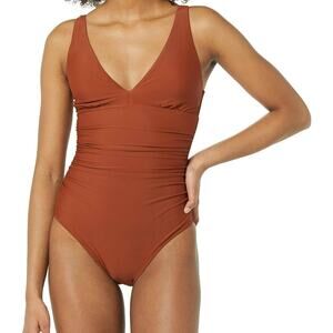 AMAZON ESSENTIALS WOMEN'S PLUNGE ONE PIECE BROWN SWIMSUIT SIZE 8 NEW WITH TAGS